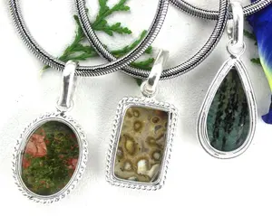 92.5 Sterling Silver Mix Forma Natural Unakite Verde Zebra Oceano Jasper Smooth Gemstone Pingente DIY Jóias