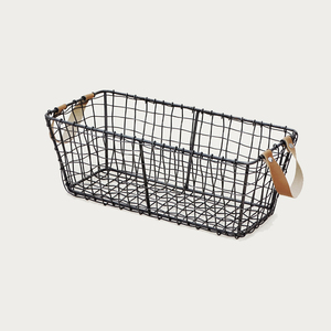 ตะกร้าเหล็กเหล็กสี่เหลี่ยมสีดำพร้อมที่จับหนังตะกร้าทำมือตะกร้าซักผ้าตะกร้าผลไม้โลหะตะกร้าเครื่องครัว - Product Image 1