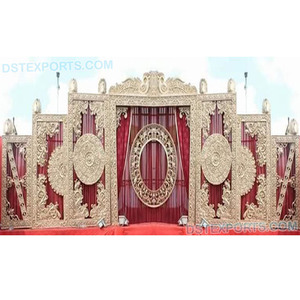 ชุดหลังเวทีกรอบสีทองสไตล์ราจาดาสำหรับงานแต่งงานเวทีแกรนด์มหาราชาชุดรูปแบบอินเดียสมัยใหม่ตกแต่งเวทีปาร์ตี้ที่สง่างาม - Product Image 1