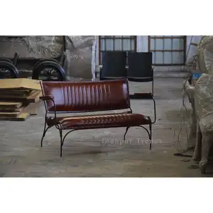 Vintage Industrial Iron Leather Two Seater Sofa Bench / Industrial Furniture Leather Bench