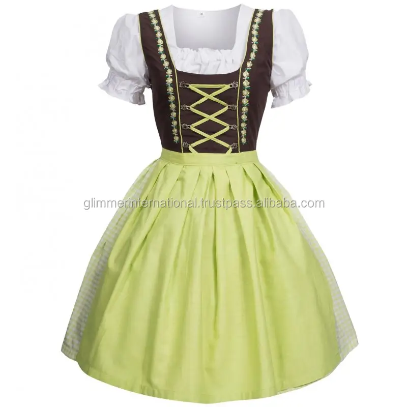 Damen Bavarian Dirndl Mini 3 piece dress, blouse, apron, size 34-46 brown green
