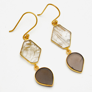 Golden Rutile Smoky Quartz Gemstone Fancy Shape <b>925</b> Sterling <b>Silver</b> Handmade Dangle <b>Earrings</b> - Product Image 2