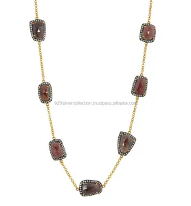 Gold Plated Natural Wonder Sapphire Gemstone With 925 Sterling Silver Diamond Pave Setting Necklace