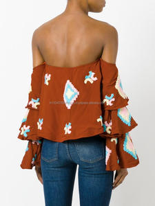 Boutique เสื้อผ้า Bohemian น่ารัก Ruffle รายละเอียดปักผู้หญิง High End แฟชั่นไหล่กระดุมคลาสสิกเสื้อ - Product Image 2