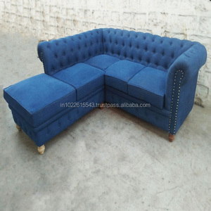 Modern Three Seater Denim <b>Sofa</b> with Chaise Lounge | Upholstered Fabric Sectional <b>Sofa</b> with Solid <b>Wood</b> <b>Frame</b> Comfortable L-Shape - Product Image 1