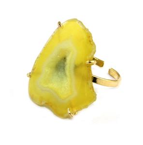 Natural Yellow Geode Druzy Slice Ring Handmade Colorful Ring Brass Metal Prong Setting Adjustable Ring for Women - Product Image 1