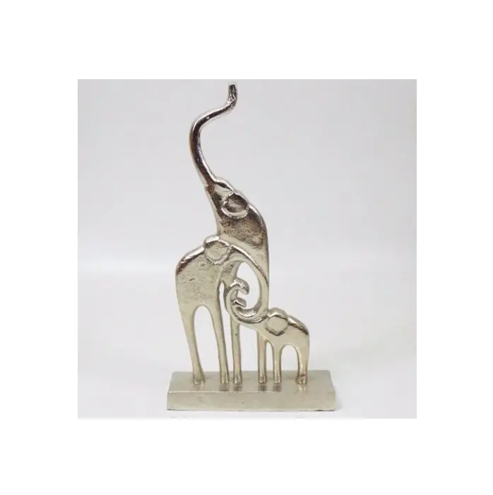 स्टाइलिश आधुनिक हाथी और बछड़े की मूर्ति डिजाइनर हस्तनिर्मित सिल्वर रंग की तैयार घरेलू सजावटी टेबलटॉप मूर्ति