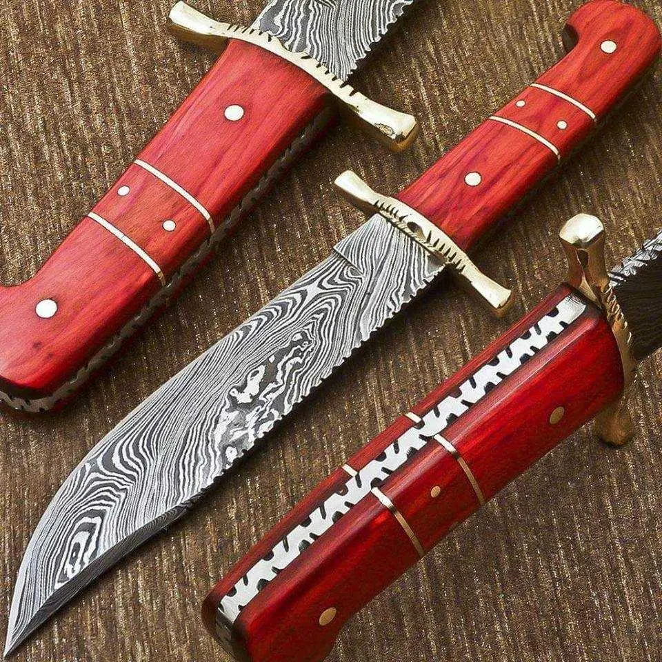 Nieuwe 2024 Stijl Damascus Bowie Mes Rode Kleur Houten Handvat Met Lederen Schede Scheerscherpte Zr516