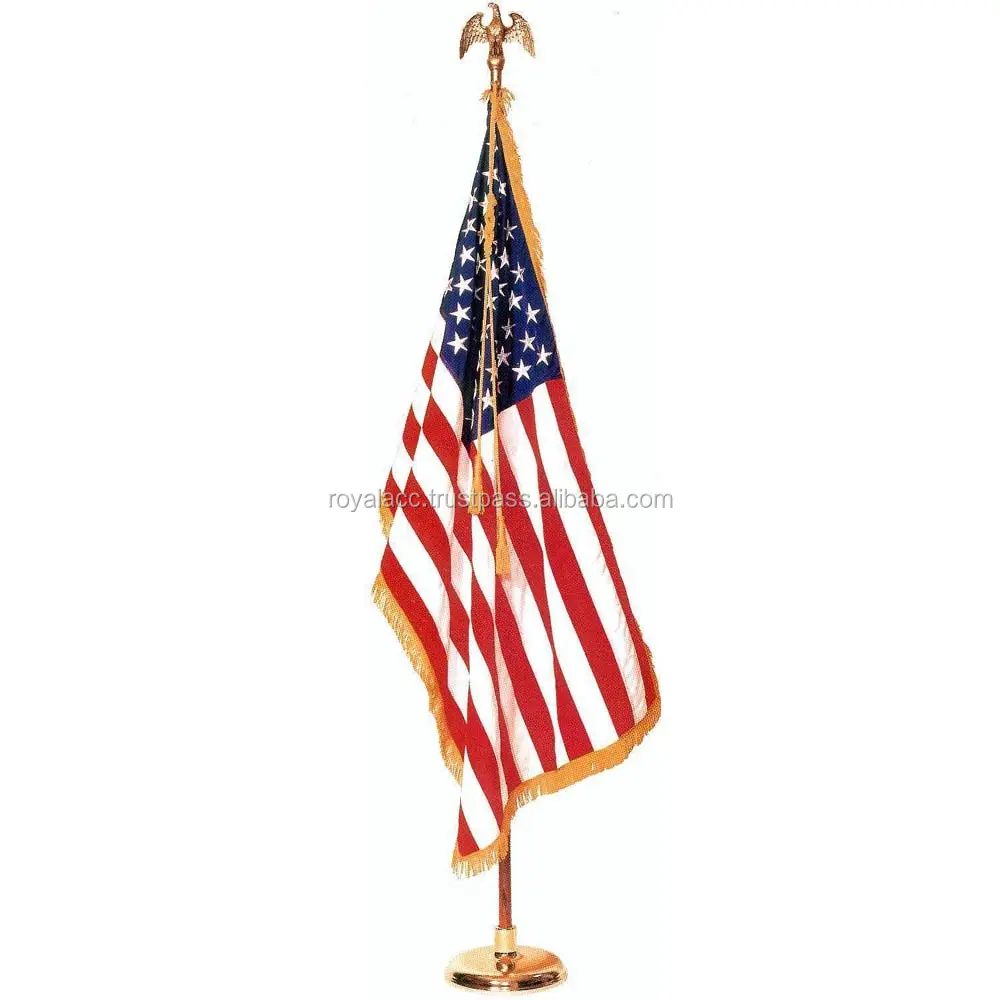 Высококачественный Изготовленный На Заказ Флаг США с латунным столбом бас стойка Ткань Золотая бахрома Орел использованный красный и белый шелк