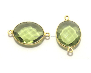 Belle pierre précieuse d'améthyste verte faite à la main Double bélière lunette à facettes Boho connecteur bijoux plaqué or forme ovale pierre de naissance - Product Image 2