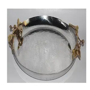 Nampan Aluminium Bundar dengan Pegangan Berlapis Emas Dekorasi Warna Perak dengan Pegangan Desain Daun Emas untuk Baki