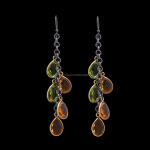 Pendientes colgantes de ajuste de bisel de dos tonos de peridoto y citrino joyería de piedras preciosas de moda - Product Image 2