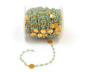 Aqua Chalcedony Gemstone Beads Charm Gold Plated Jewelry <b>Wire</b> Wrapped Beaded Rosary Chain - Product Image 4
