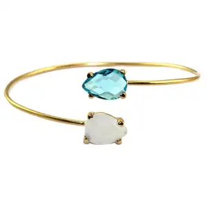 24k Gold Plated White Chalcedony Blue Topaz Pear Shape Prong Setting Adjustable Bangle Bracelet Wholesale Jewelry India