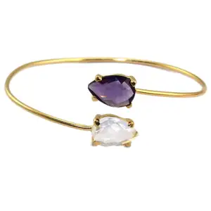 Uff-brazalete ajustable de cuarzo y cristal, pulsera de piedra pequeña flexible hecha a mano con doble pera amatista, chapado en oro