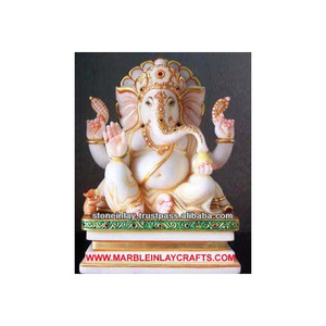 Hermosa escultura de Ganesha de mármol hecha a mano, sentado en la plataforma - Product Image 1