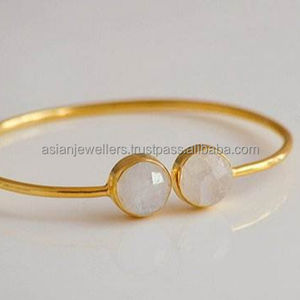 Rainbow Moonstone Gemstone Gold Vermeil Adjustable 925 <b>Sterling</b> <b>Silver</b> <b>Bangle</b> <b>Bracelet</b> - Product Image 1