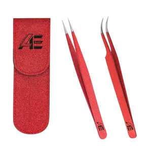 Juego de 2 Pinzas para Extensión de Pestañas Rojas Intensas 2026, Punta Recta y Curva, Pinzas Dobles con Purpurina Roja y Estuche Magnético - Product Image 1