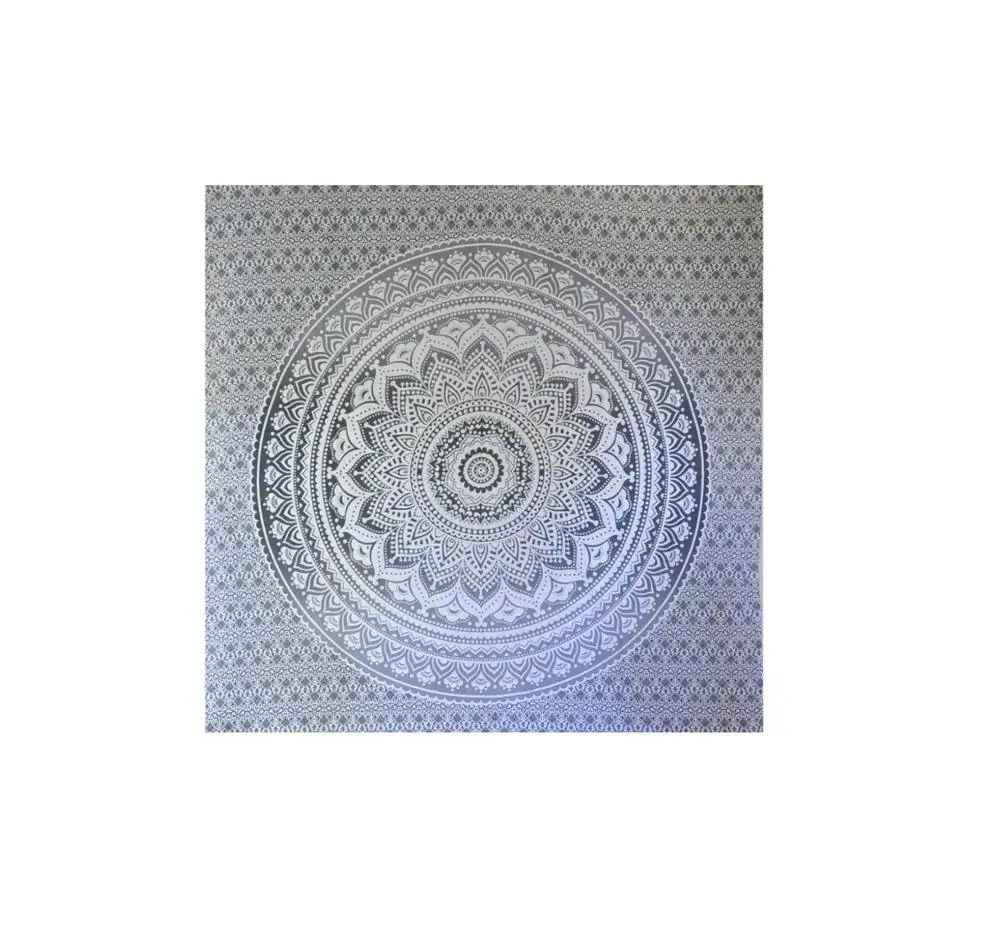 Indian Traditional Mandala Hippie Wall Hanging, Cotton Gray/Silver Tapestry Ombre Queen Size Bohemian Bedspread