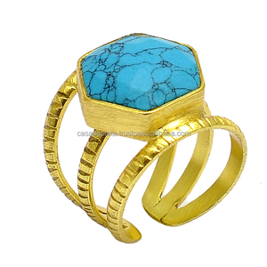 Anillo de Plata de Ley 925 con Turquesa Corte Hexagonal, Bañado en Oro, con Engaste Fino, Moderno, para Regalo de Boda o Fiesta, para Mujer - Product Image 3