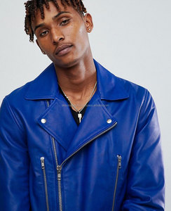 Custom Wholesale <b>Black</b> Biker Leather Motorcycle Jacket Men,Men Leather Biker Jacket With Belt in Bright Blue - Product Image 3