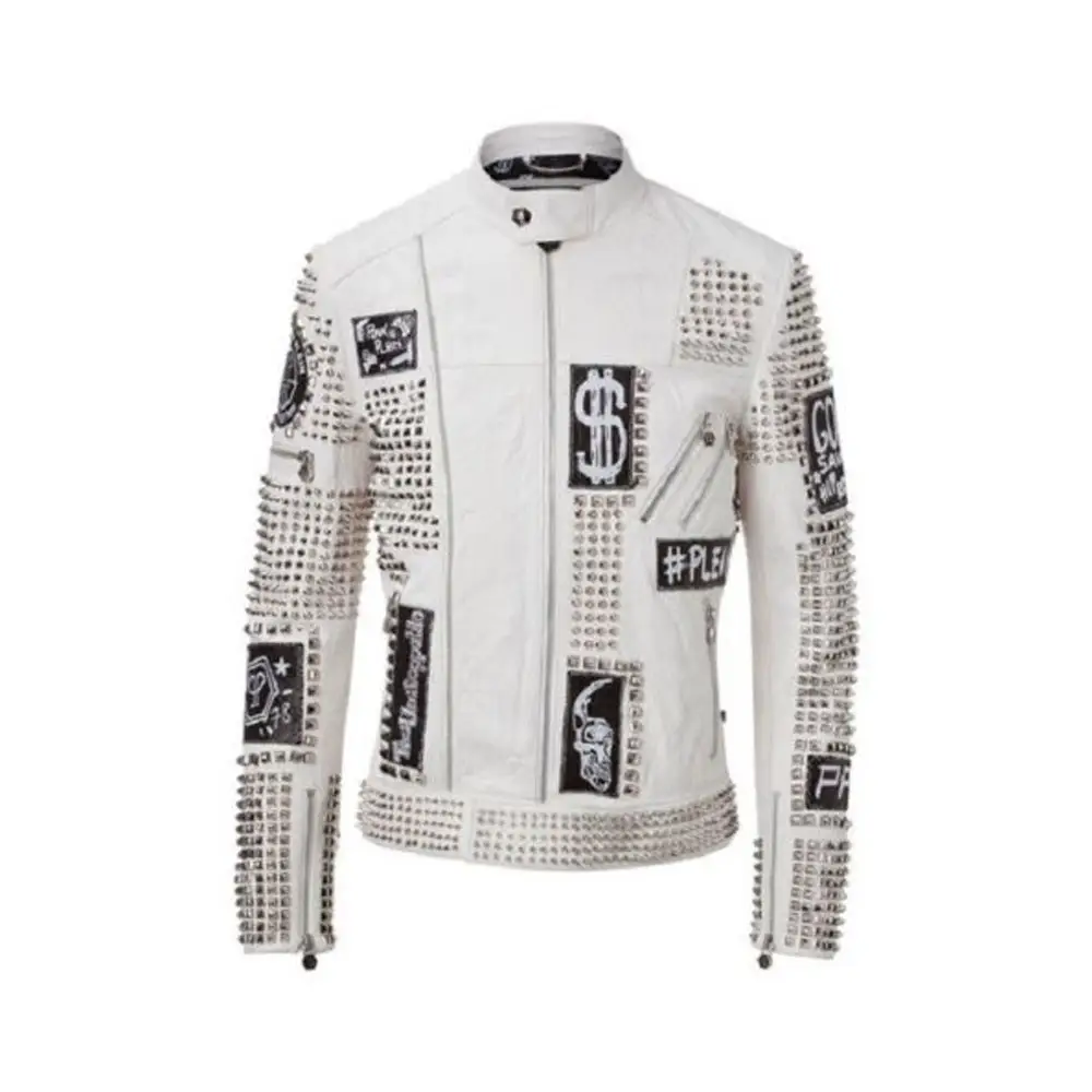 Mens Spike Motorcycle Punk Rock World Studded Retro White Biker Leather Jacket