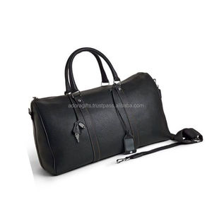 Unisex Genuine Leather Black Travel Duffle <b>Bag</b> Handle <b>Luggage</b> Tag Custom Pattern Zippered Closure Features Durability Custom - Product Image 1