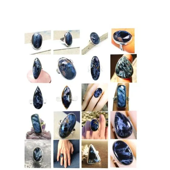גברים נשים סגלגל עגול אגס כיכר מפואר מלבן הודו טבעי חן אבן קרושון 925 סטרלינג כסף כחול pietersite טבעת