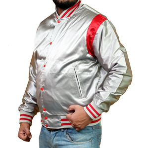 แจ็กเก็ตผ้าซาตินเข้ารูปสีแดง/เหลืองสำหรับผู้ชาย, ตกแต่งคอตั้งปักไหล่ลายทางด้านหน้าฤดูใบไม้ผลิ - Product Image 1