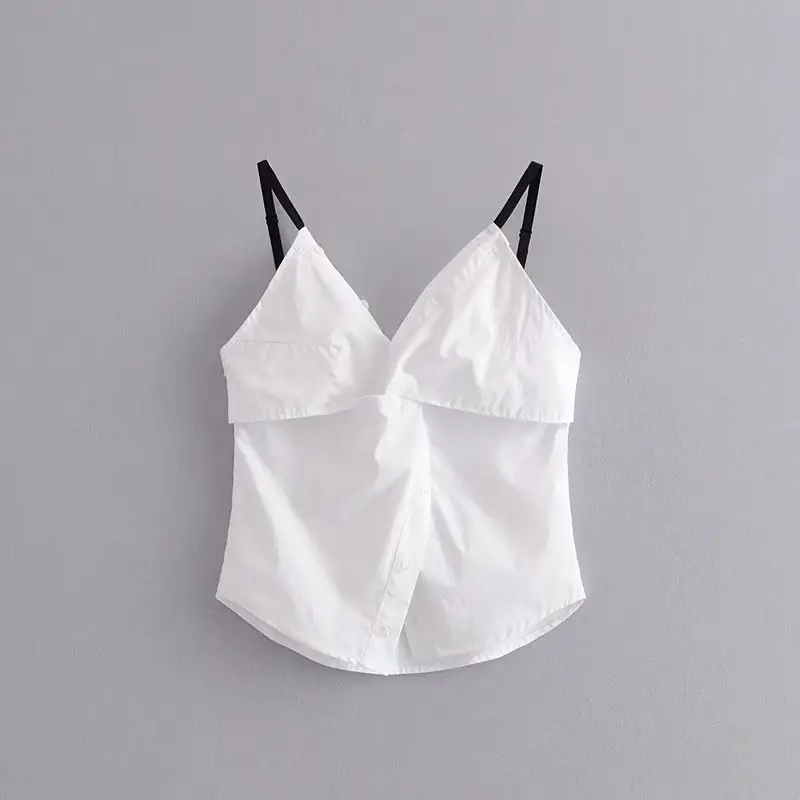 Camiseta blanca con cuello en V y cuello cruzado para mujer, ropa holgada colgante, camiseta sin mangas sexy para mujer 2021