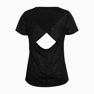 T-shirt manches courtes pour femmes, t-shirt personnalisé en coton polymélange, teint solide, dos croisé, simple, décontracté, BD - Product Image 6