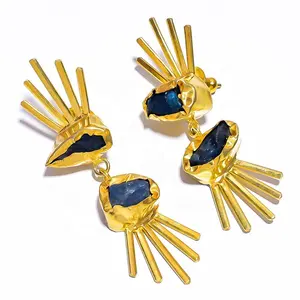 Atractivo de apatita de piedras preciosas pendientes de Latón chapado en oro de joyería de latón hecho a mano indio de oro de joyería de latón - Product Image 1