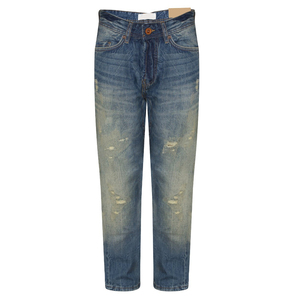 2018 hommes bleu Stretch Denim jean droit en détresse taille haute lavage léger décontracté motif solide 100% coton - Product Image 2