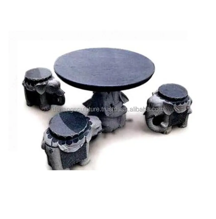 Kustom ukiran tangan gajah hitam marmer granit meja dan kursi batu luar ruangan meja dan batu bulat