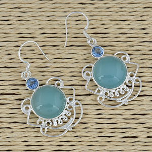 Boucles d'oreilles en argent sterling 925 avec topaze en calcédoine Boucle d'oreille à la mode de forme ronde pour les fêtes de mariage et les cadeaux. - Product Image 3