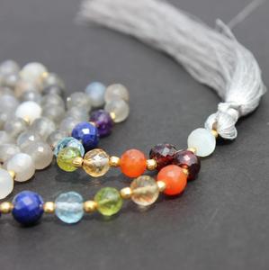 Grey Moonstone Mala Faceted Beads Long <b>Silk</b> Tassel Necklace - Product Image 2