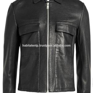 2023 La mejor chaqueta de cuero puro personalizada para hombres con cuello levantado con decoración bordada - Product Image 2