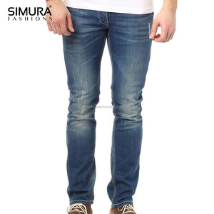 กางเกงยีนส์เดนิมสีน้ำเงินทรงสลิมฟิตสำหรับผู้ชาย ยี่ห้อ SIMURA เอวกลาง สไตล์ลำลอง แต่งดีเทลขาดๆ ระบายอากาศได้ดี ผลิตจากผ้าฝ้าย - Product Image 6
