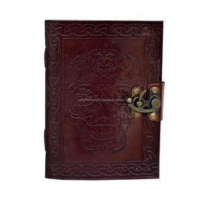 Day Of The Dead Skull Embossed Genuine Leather Journal With Metal C-Lock Hardcover Handmade Blank <b>White</b> Cotton Paper A5 Notebook - Product Image 1