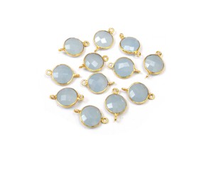 Blue Chalcedony Gemstone <b>Findings</b> Round Shape Gold Plated <b>Jewelry</b> Making Double Bail Faceted Handmade Bezel Connector - Product Image 2
