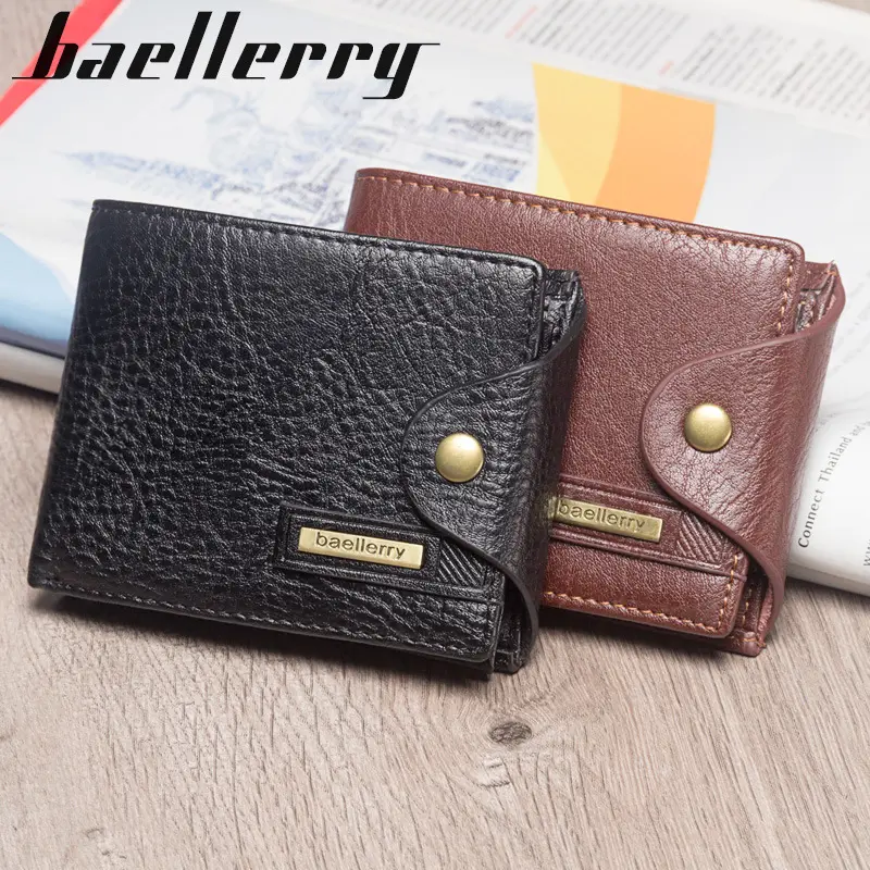 Carteira de couro baellery masculina, estilo curto, com fecho, bolsa de moedas para homens