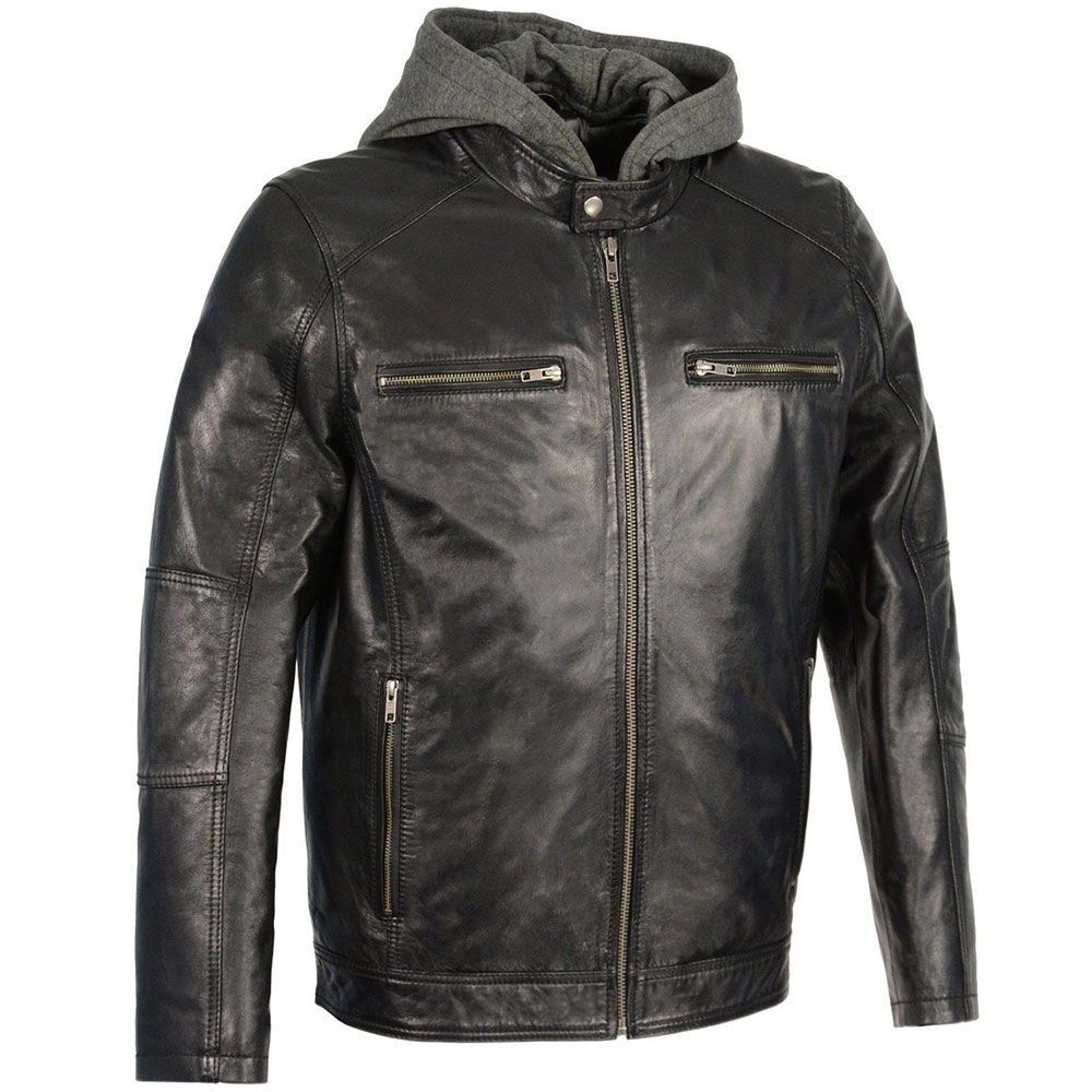 Горячая Распродажа мужские черные оснастки воротник кожа Байкерская кожаная куртка со съемным капюшоном