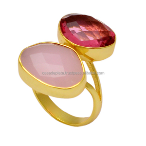 Bague en argent sterling 925 avec pierre précieuse de calcédoine rose de quartz rose de taille ovale avec bague plaquée or Bague de conception la plus récente pour femmes hommes. - Product Image 2