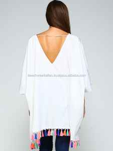 Beach Party Wear Outfit for Ladies Rayon Plain Kaftan Beach Cover Ups <b>Poncho</b> Caftan With Designer Lace - Product Image 2