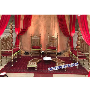 Indian Bollywood Style Wedding Designer Mandap Chairs Golden <b>Wooden</b> <b>Carved</b> Furniture Set for Parties Events USA <b>Sale</b> Wholesale - Product Image 1