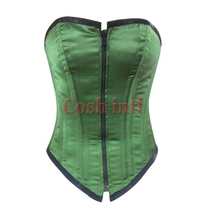 Overbust Green Satin <b>Black</b> Trim Front Zipper Steel Boned Corset Vendors for Fashion and Waist Training - Product Image 2