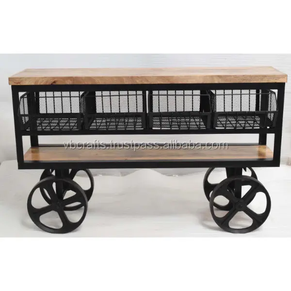 Industriële Vintage Gietijzeren Wiel 4 Bin Trolley Winkelwagen