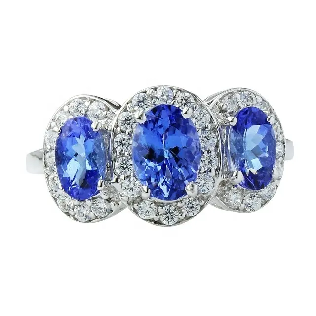 Klassische Luxus Sterling Silber Ringe Frauen Oval Blau Edelstein Tansanit Blume Designed Ringe