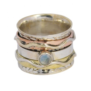 แหวนสปินเนอร์925เงินสเตอร์ลิงสามโทนสีรุ้งพลอยมูนสโตนแหวนแฟชั่น - Product Image 2