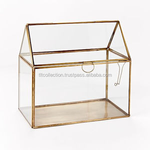 Terrario de Vidrio con Marco Dorado, Forma Cuadrada, para Plantas de Interior, Diseño Moderno y Minimalista, Recipiente de Escritorio - Product Image 1